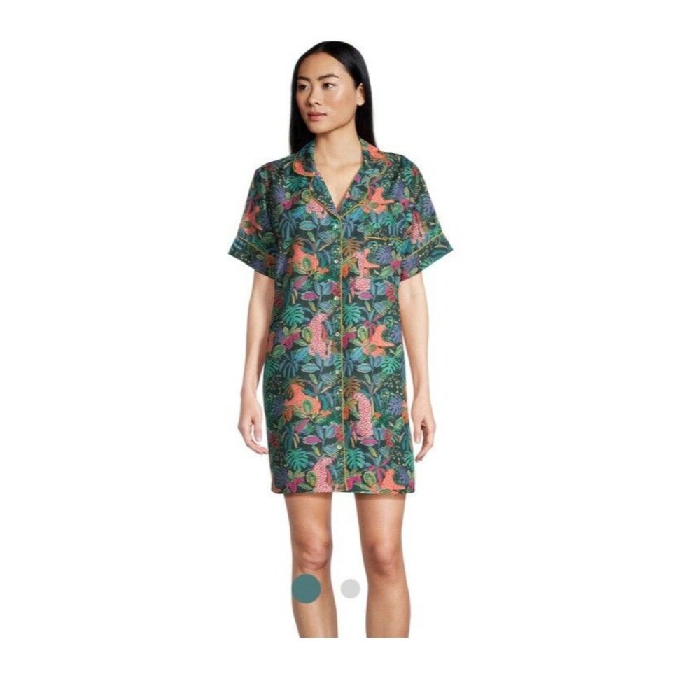 World Market Multicolor Satin Tropical Jungle Leopard Nightshirt S/M Pajamas